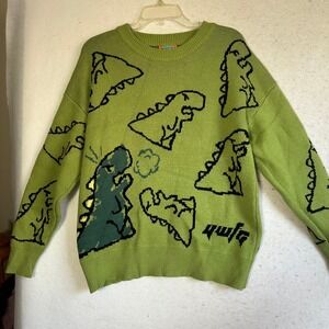 YWFG Lime Green angry Dinosaur Intarsia Knit Crewneck Sweater Large